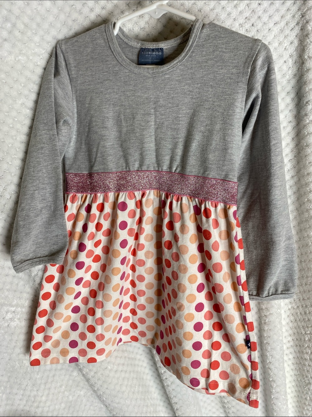 Toobydoo New York Gray Top Dress with Pink Glitter Waist & Polka Dot Skirt
